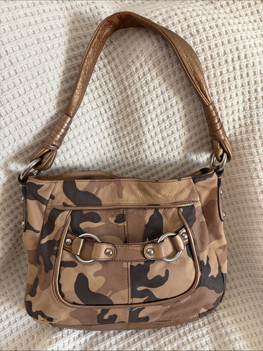 B Makowsky Brown Camo Shoulder Bag - Leather with Silver Hardware & Bronze Trim